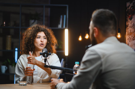 Two podcasters recording audio content in professional studio, using microphone and digital...