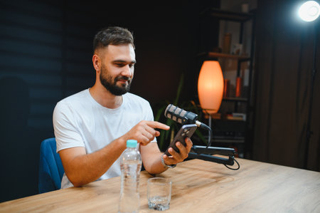 Young man recording a podcast using his smartphone and a professional microphone, creating online content in his home studioの写真素材