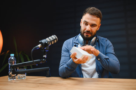 Content creator presenting product in home studio, engaging with online audience through video blogの写真素材