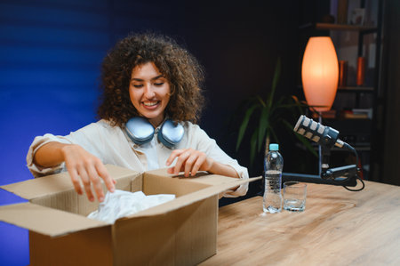 Smiling female influencer unboxing a package during a live stream, creating engaging content for her...
