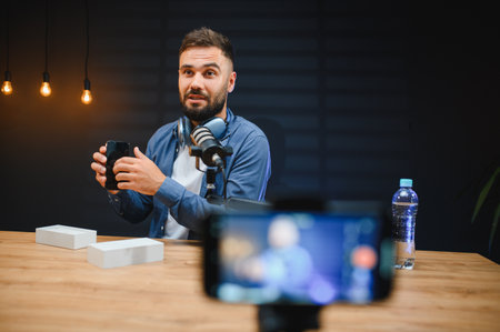 Content creator presenting new mobile phone model in his home studio, recording video blog about technology and consumer electronicsの写真素材