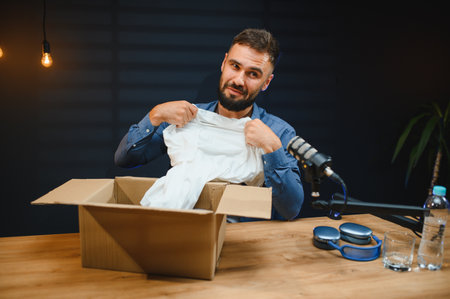 Male video blogger unboxing trendy clothing from a cardboard box while recording an engaging video blog in a modern studio settingの写真素材