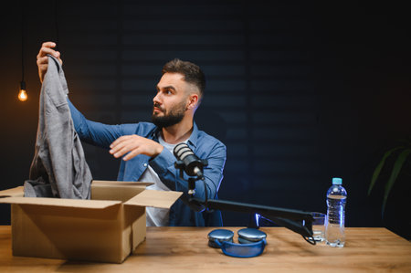 Male content creator unboxing new clothes from a cardboard box while recording a video blog in a well equipped studio settingの写真素材