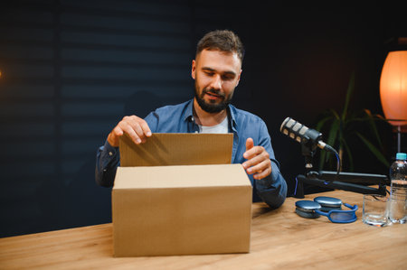 Content creator unboxing product during podcast recording, engaging with audience and discussing new itemsの写真素材