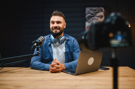 Young man recording a podcast using professional microphone and headphones in a modern studio,...