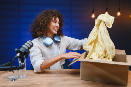 Smiling female vlogger unboxing clothes from cardboard box while recording video blog and podcastの写真素材