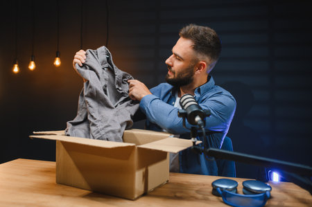 Male video blogger unboxing clothes in a recording studio, creating content for his online audienceの写真素材