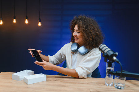 Smiling female vlogger presenting a new smartphone during an engaging video recording in her modern studio, sharing insights with followersの写真素材