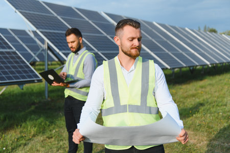 Two male engineers in safety vests work at a solar farm, one holding blueprints while the other uses...