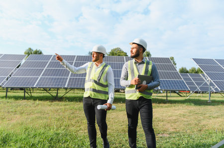 Two male engineers in safety vests and helmets inspect solar panel installation, discussing...