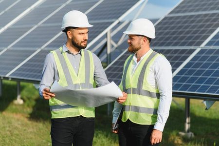 Two male engineers in safety vests and helmets examine project blueprints while standing beside...