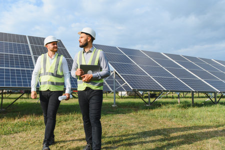 Two male engineers in safety vests and helmets inspect solar panels at a field site, symbolizing...