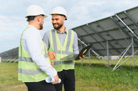 Two male engineers in safety vests and helmets discuss renewable energy development using laptop and...