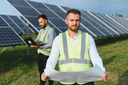 Two male engineers in safety vests analyzing blueprints and data on site at solar power station for...