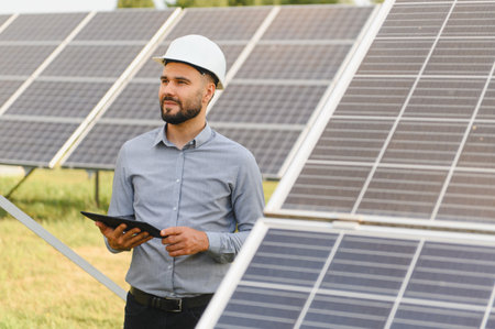 Young man wearing a hard hat, checking renewable energy solar panels on a sunny field, holding a...