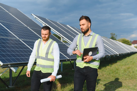 Two male engineers in reflective vests inspecting solar panels outdoors, discussing renewable energy...