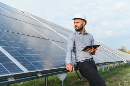 Engineer wearing hard hat holding tablet, standing by solar panels, monitoring power plant...