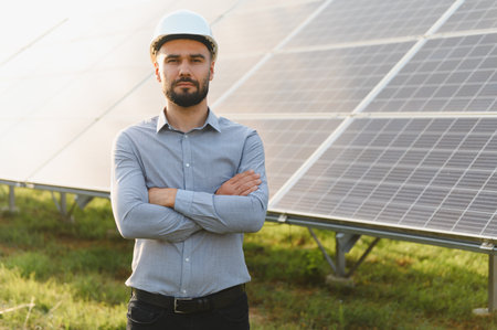 Male engineer standing with crossed arms in front of solar panels, overseeing a sustainable renewable energy projectの写真素材