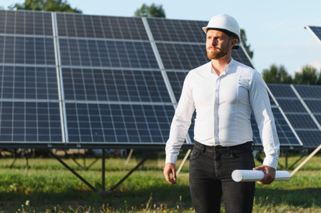 Engineer man in a hard hat inspecting solar panels, holding blueprints, and working at a solar power...
