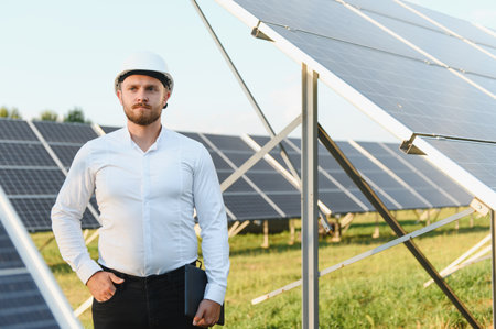 Engineer wearing a hard hat, holding a tablet, standing in a solar power plant, providing...