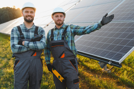 Two standing engineers in a solar farm, one holding a drill, the other pointing to the renewable...