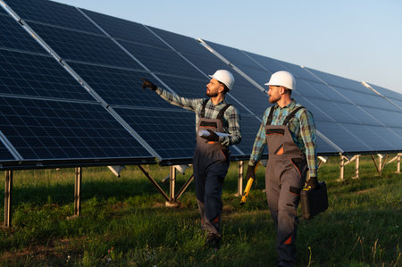 Engineers in hard hats inspecting solar panel array, discussing sustainable alternative energy...