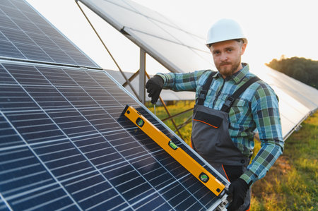 Man wearing hard hat and work uniform installing solar panel, checking alignment with a level tool,...