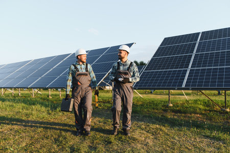 Engineers walking and discussing new energy projects at an outdoor renewable power station with many...