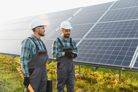 Two technicians wearing hard hats and overalls checking solar panels at a renewable energy farm,...