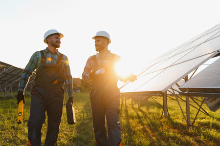 Engineers in hardhats and overalls walking through a solar farm, discussing renewable energy...