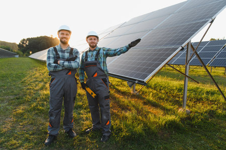 Two smiling engineers in hardhats and overalls standing in a solar farm, one pointing at the...