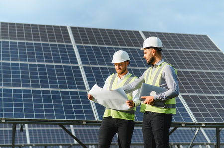Two male engineers in safety vests and helmets review blueprints at a solar power plant, symbolizing...