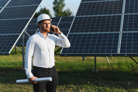 Male engineer wearing a hard hat and holding blueprints, using a smartphone while standing among...