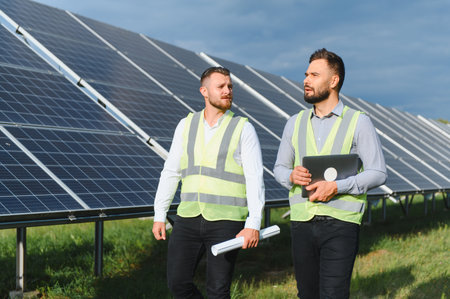 Two engineers in safety vests inspect solar panels while discussing renewable energy strategies at a...