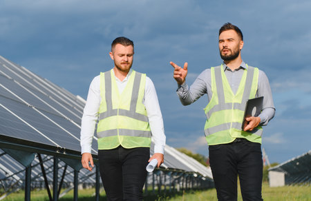 Two engineers in safety vests inspect solar panels at a renewable energy site, discussing...