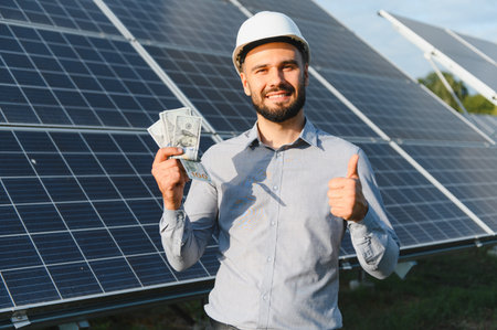 Smiling man holding cash, giving thumbs up for profitable renewable solar energy investment....