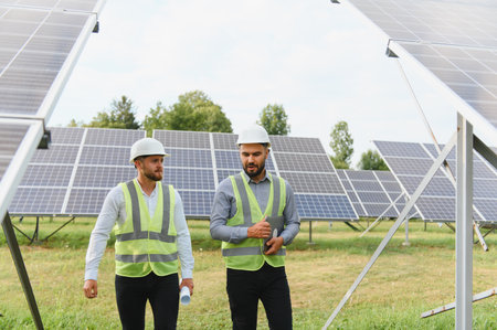Two male engineers in safety vests and helmets inspect solar panels, discussing renewable energy...