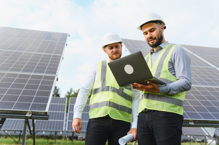 Two male engineers in safety vests and helmets analyze solar energy data on laptop at photovoltaic...