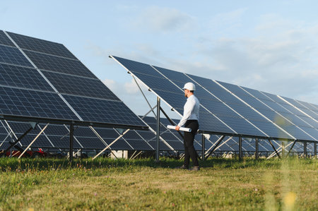 Engineer wearing a hard hat and holding blueprints, surveying rows of solar panels at a renewable...