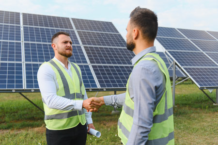 Two engineers in safety vests shake hands at a solar power plant, symbolizing renewable energy...