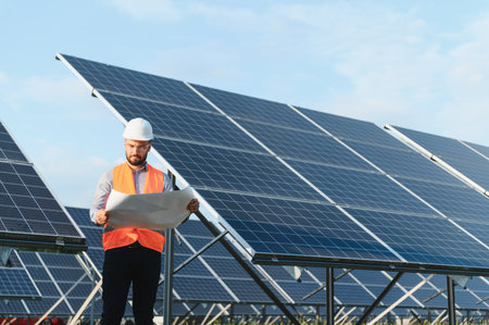 Engineer wearing hard hat and safety vest, reviewing blueprint at a solar panel field, focusing on...