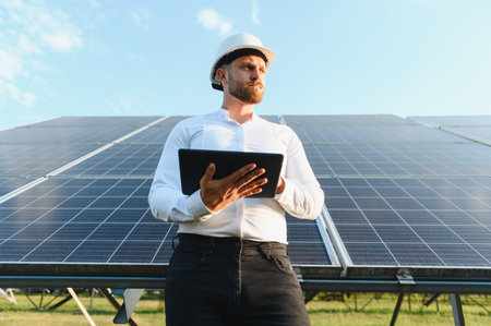 Male engineer wearing a hard hat, holding a digital tablet, inspecting a renewable energy solar...