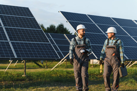 Two engineers wearing hard hats and uniforms are walking and discussing, checking a solar power...