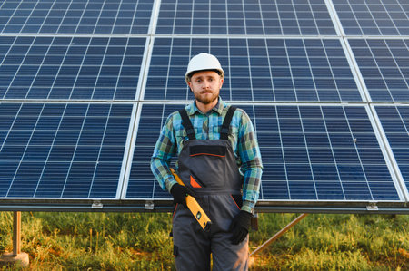 Technician worker standing in front of large solar panels array, installing renewable energy...