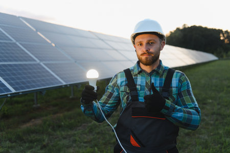 Engineer showing thumbs up and holding a glowing led light bulb, symbolizing clean energy from solar...
