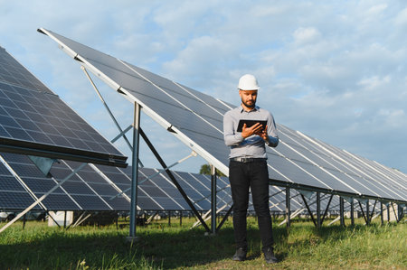 Engineer working on a solar power station, using a tablet for monitoring and managing sustainable...