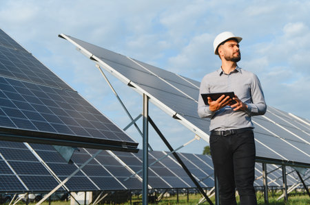 Male engineer working at a solar power plant, controlling electricity generation using a digital...