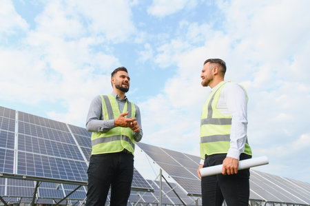 Two male engineers in safety vests stand outdoors discussing renewable energy plans beside solar...