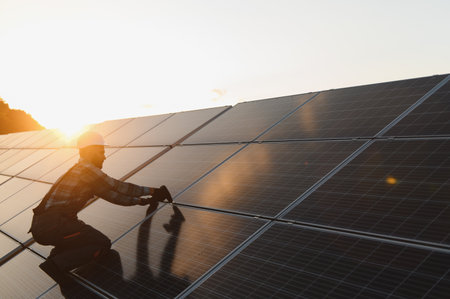 Technician installing renewable energy solar panels on a building rooftop, contributing to...