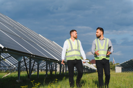Two male engineers in safety vests inspecting solar panels at a renewable energy plant, discussing...